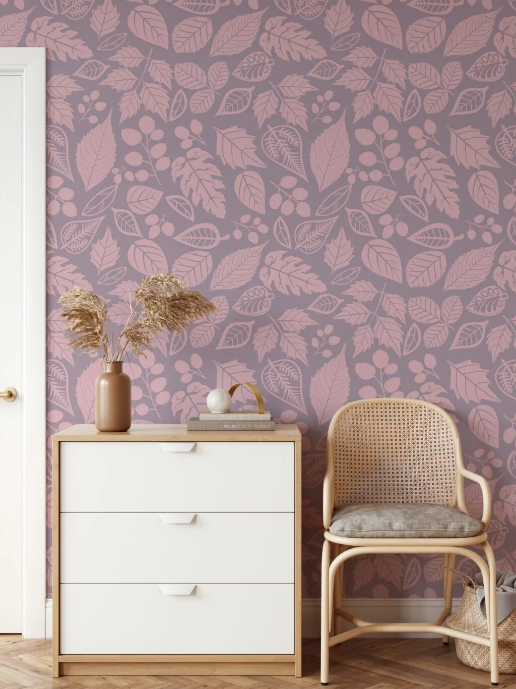 Flat Art Fall Leaves Illustration Wallpaper, Pastel Botanical Elegant Peel & Stick Wall Mural