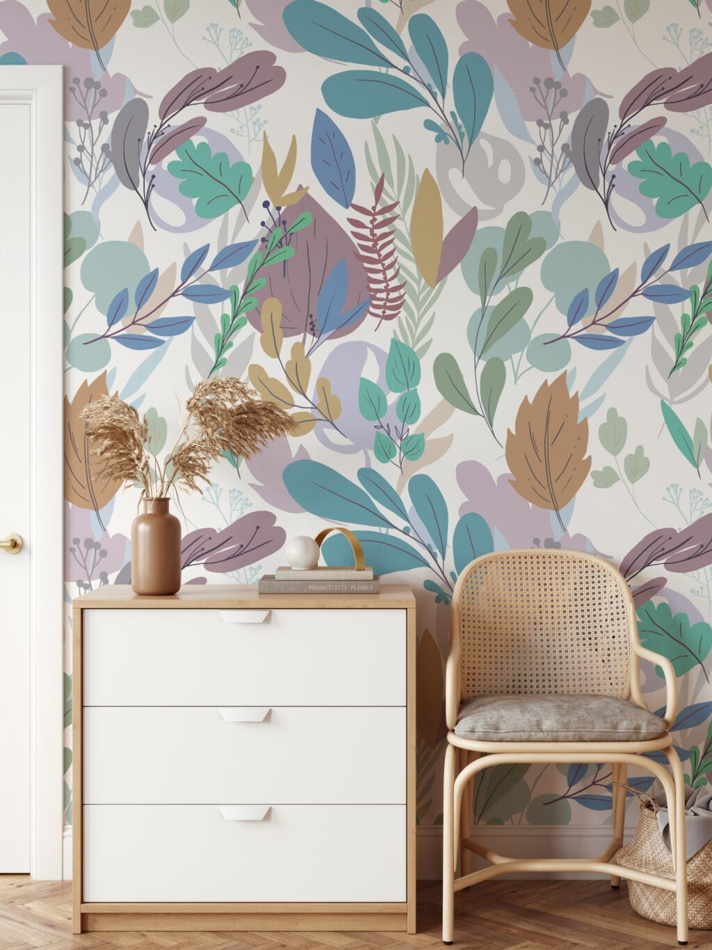 Flat Art Leaves And Branches Illustration Wallpaper, Soft Pastel Leaves Peel & Stick Wall Mural