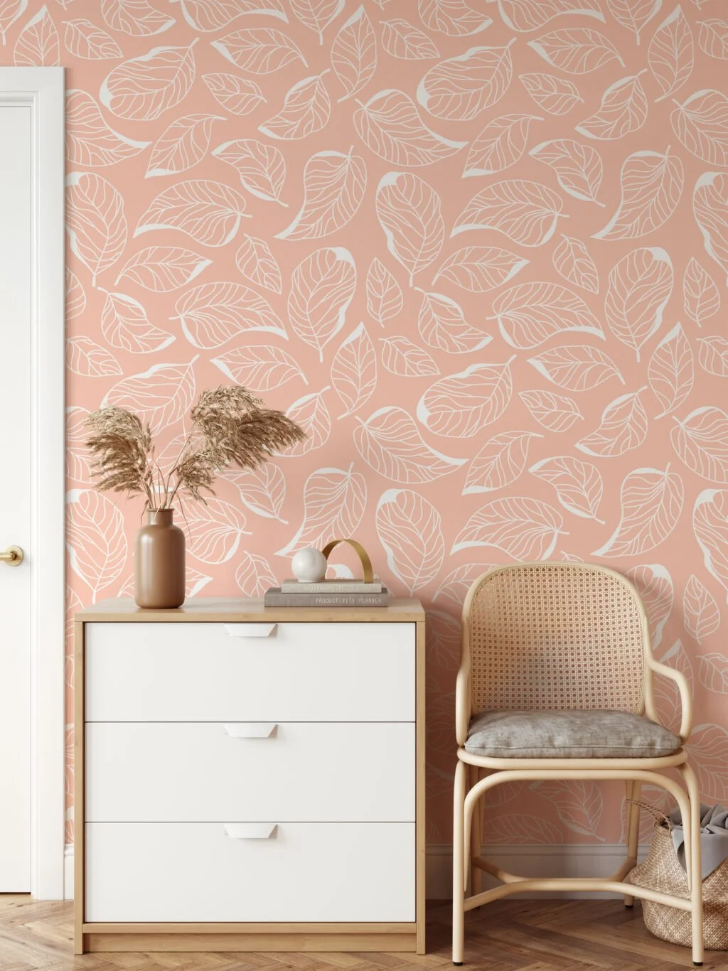 White Leaves Line Art With A Peach Background Illustration Wallpaper, Subtle Elegance Leaf Peel & Stick Wall Mural