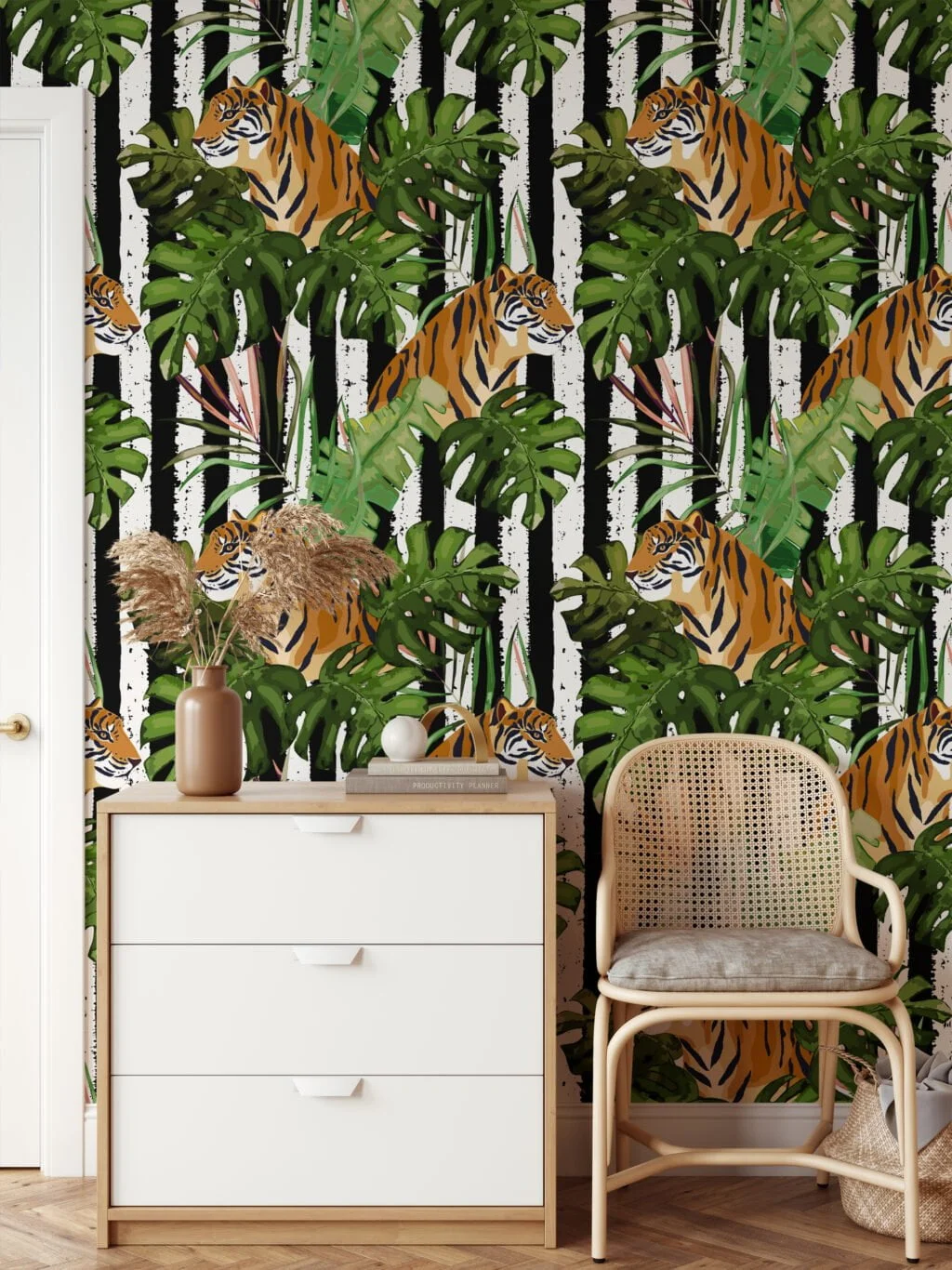 Tiger Illustration With Tropical Monstera Leaves Wallpaper, Majestic Tiger in Jungle Peel & Stick Wall Mural