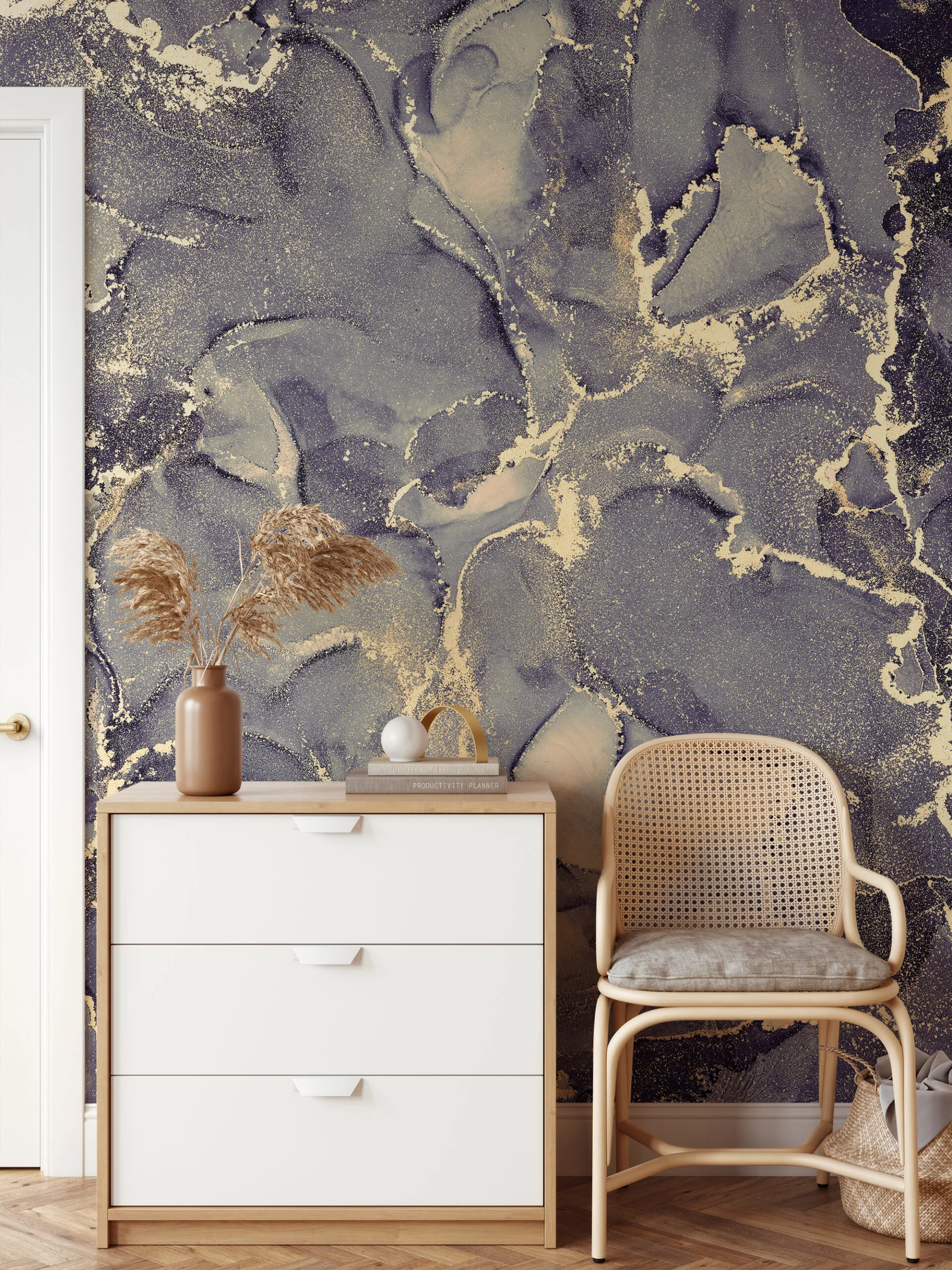 Dark Colored Alcohol Ink Art Marble Wallpaper, Gold-Flecked Elegant Peel & Stick Wall Mural