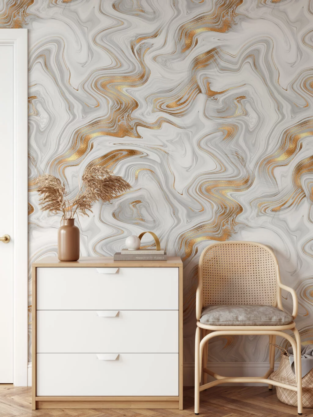 Abstract White And Gold Swirls Wallpaper, Luxe Marble Peel & Stick Wall Mural
