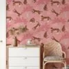 Flat Art Pink Tropical Trees With Tigers Illustration Wallpaper, Whimsical Kids Tropical Peel & Stick Wall Mural