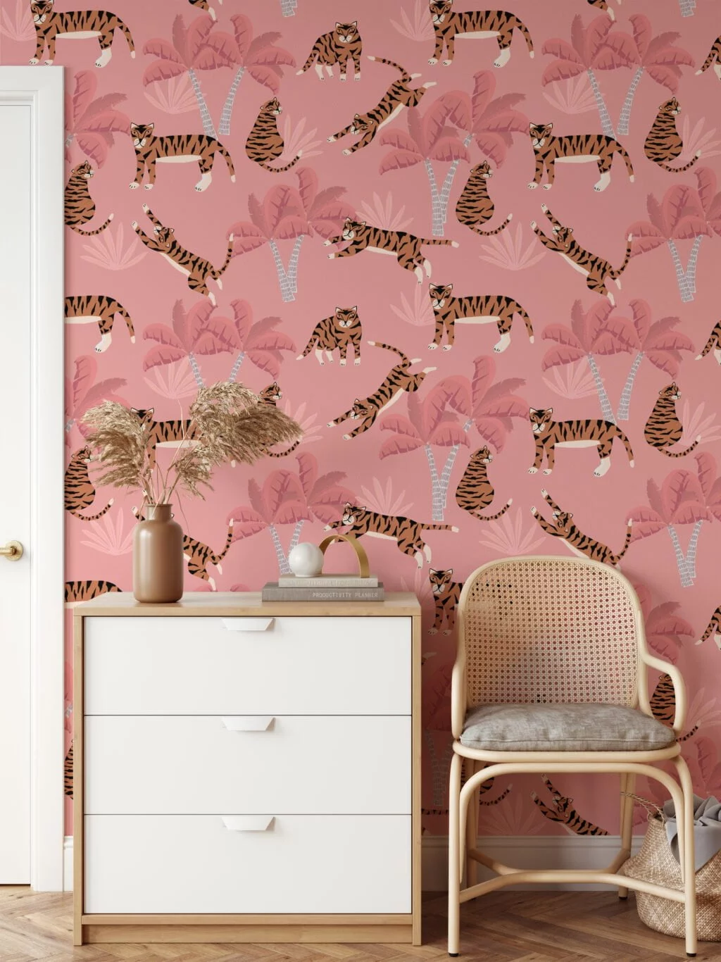 Flat Art Pink Tropical Trees With Tigers Illustration Wallpaper, Whimsical Kids Tropical Peel & Stick Wall Mural