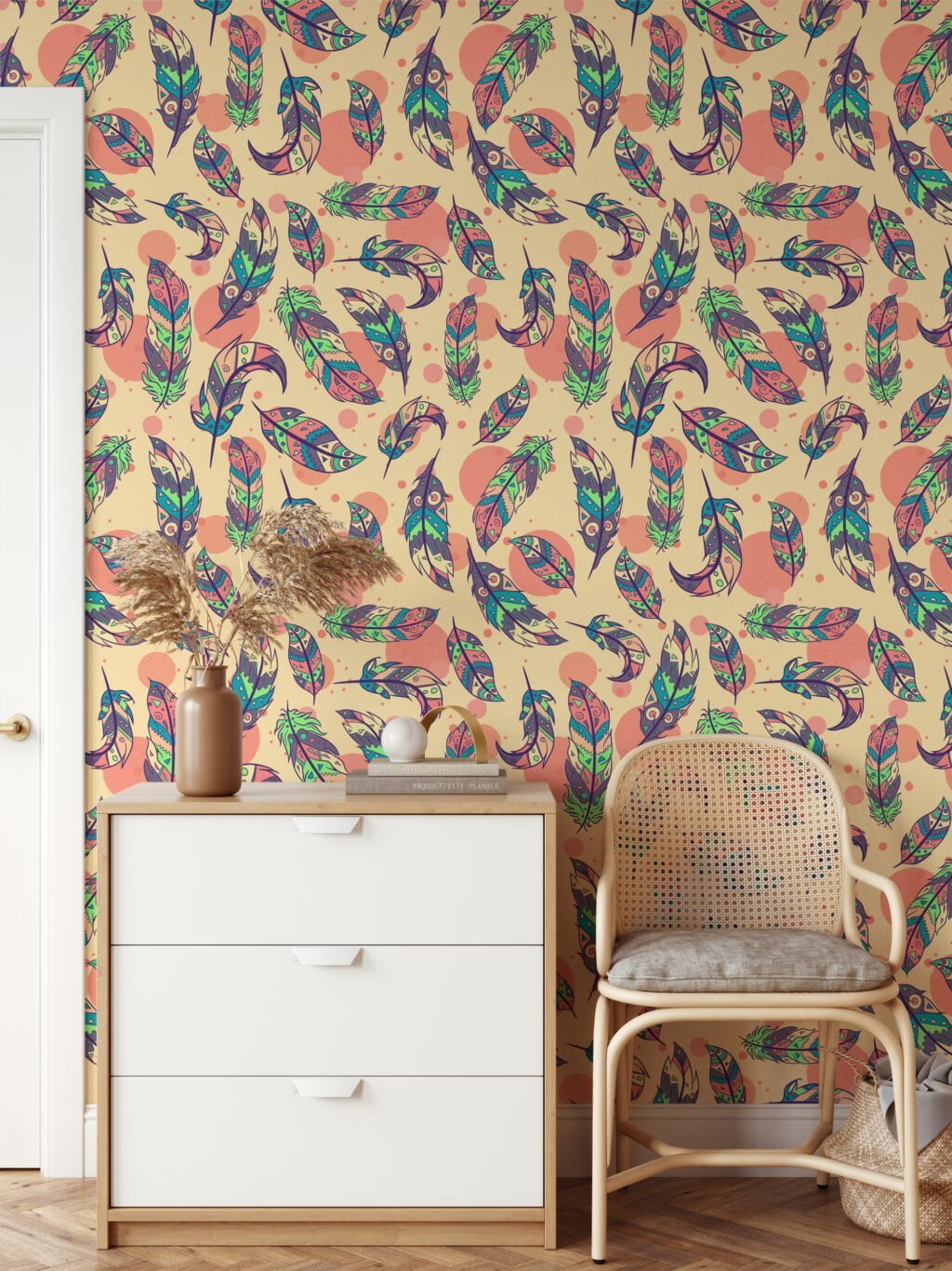 Colorful Cartoon Style Feathers Pattern Illustration Wallpaper, Bohemian Feather Design Peel & Stick Wall Mural
