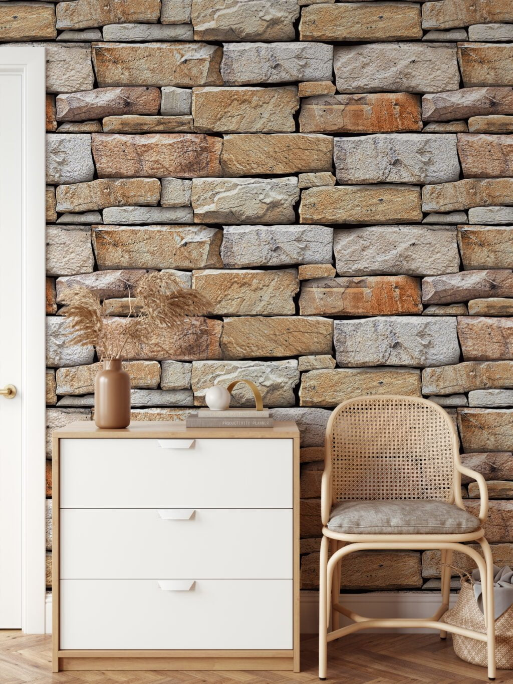 Brick Wall Stone Pattern Wallpaper, Detailed Faux Stonework Peel & Stick Wall Mural