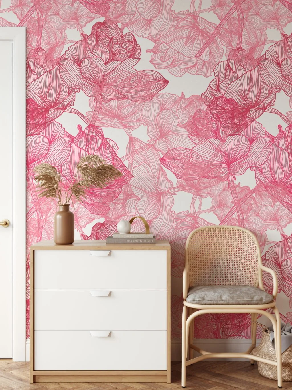 Large Pink Roses Line Art Wallpaper, Elegant Botanical Peel & Stick Wall Mural