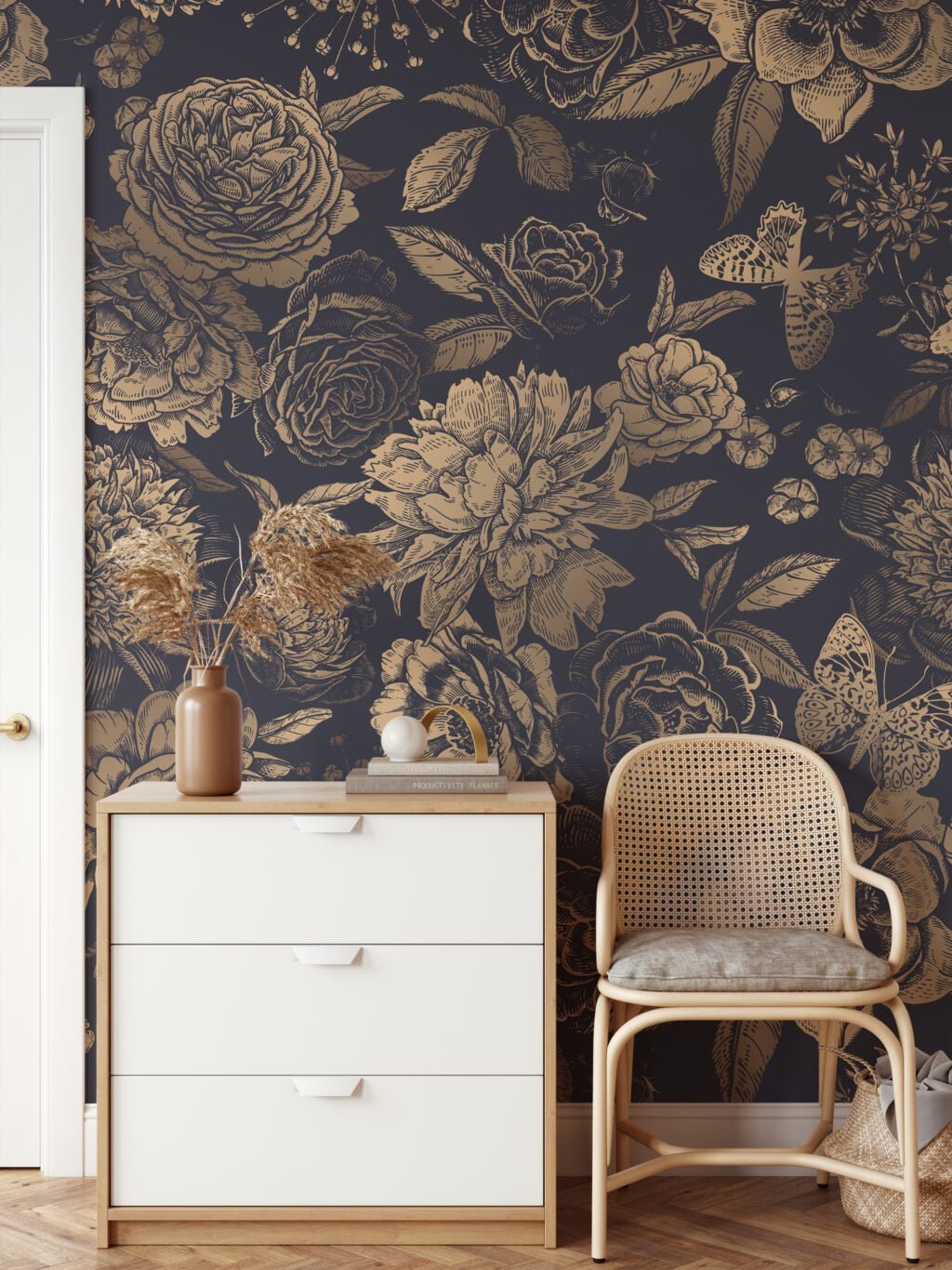 Vintage Style Large Flowers With Butterflies On A Dark Background Wallpaper, Luxurious Gold Floral Peel & Stick Wall Mural