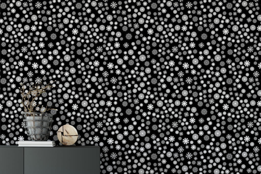 White Snowflakes On A Black Background Illustration Wallpaper, Black & White Peel & Stick Wall Mural