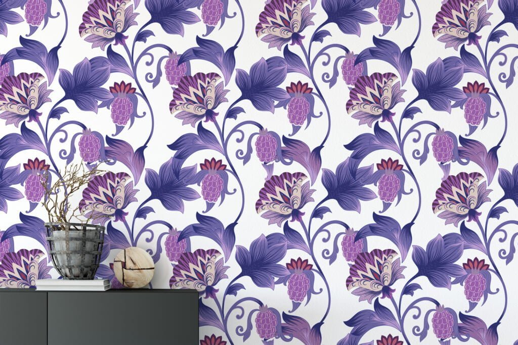 Purple Floral Paisley Illustration Wallpaper, Artistic Purple Floral Peel & Stick Wall Mural