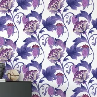 Purple Floral Paisley Illustration Wallpaper, Artistic Purple Floral Peel & Stick Wall Mural