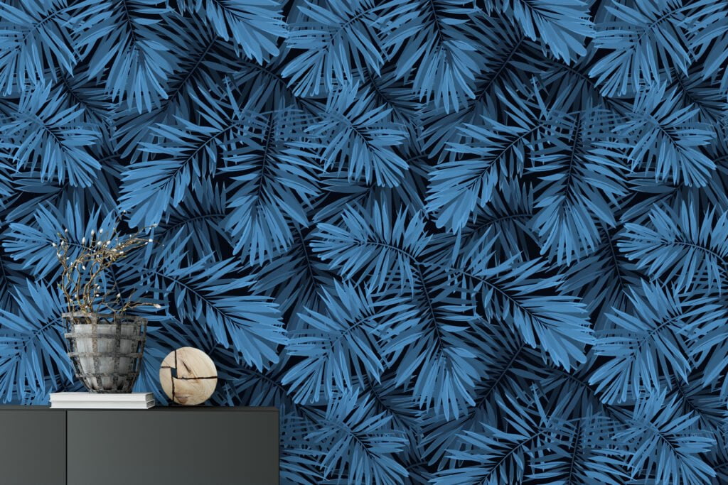 Blue Large Leaves Illustration Wallpaper, Tropical Leaf Design Peel & Stick Wall Mural