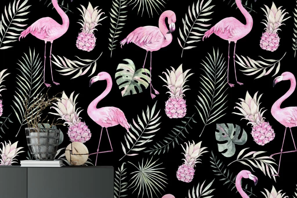 Watercolor Effect Pink Flamingos With Tropical Leaves Wallpaper, Elegant Tropical Peel & Stick Wall Mural