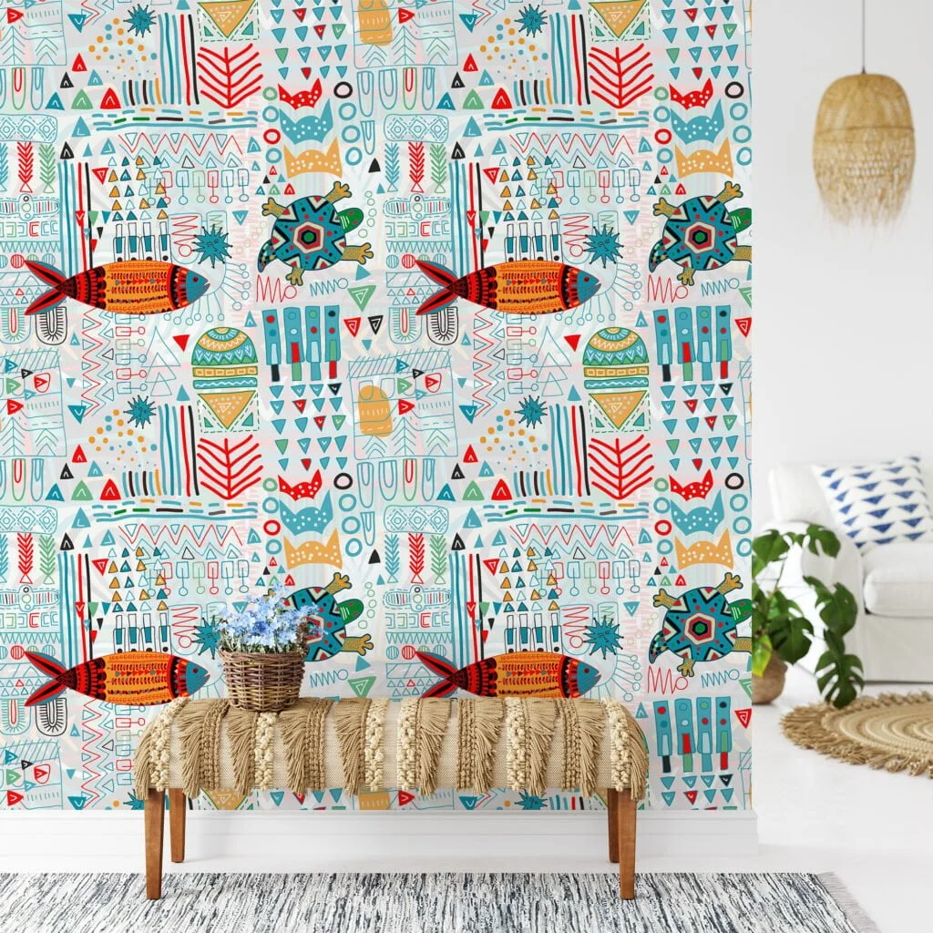 Eclectic Kids Hieroglyphic Illustration Wallpaper, Vibrant Tribal Geometric Peel & Stick Wall Mural