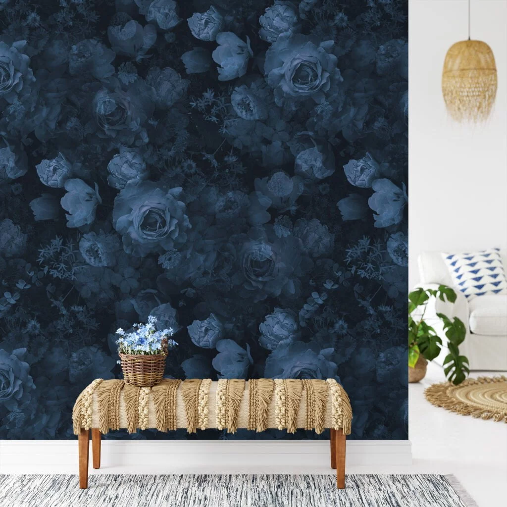 Dark Blue Flower And Roses Floral Pattern Illustration Wallpaper, Midnight Garden Peel & Stick Wall Mural