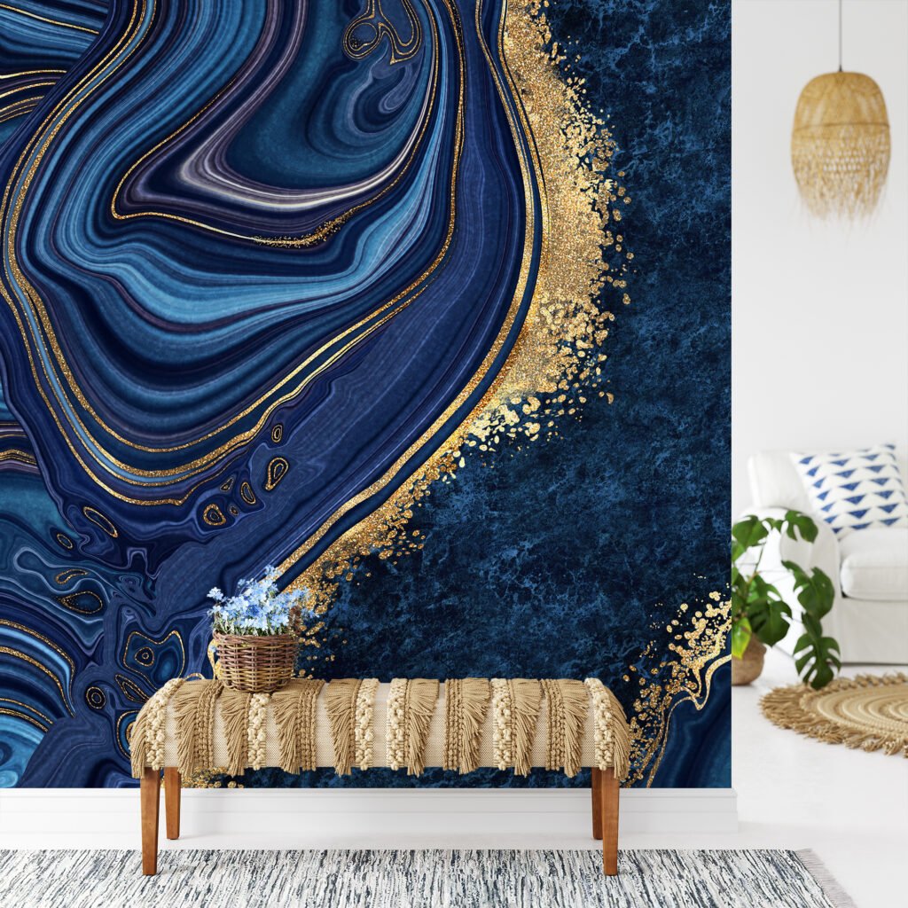 Dark Blue And Gold Abstract Ink Art Illustration Wallpaper, Midnight Blue Agate Peel & Stick Wall Mural