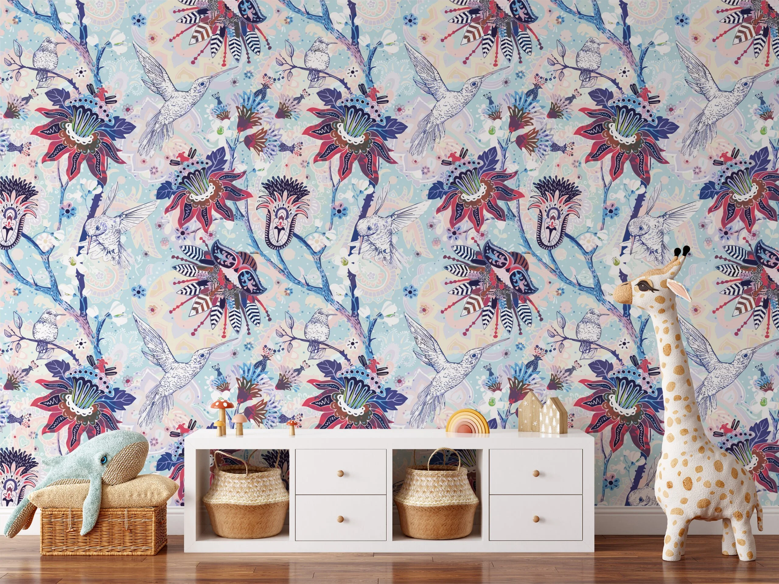 Floral Paisley Pattern With Hummingbirds Illustration Wallpaper, Whimsical Birds and Florals Peel & Stick Wall Mural