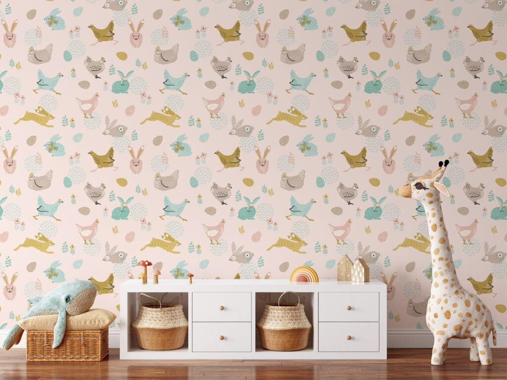 Cute Flat Art Easter Bunnies And Chickens With Eggs Illustration Wallpaper, Soft Pink Nursery Peel & Stick Wall Mural