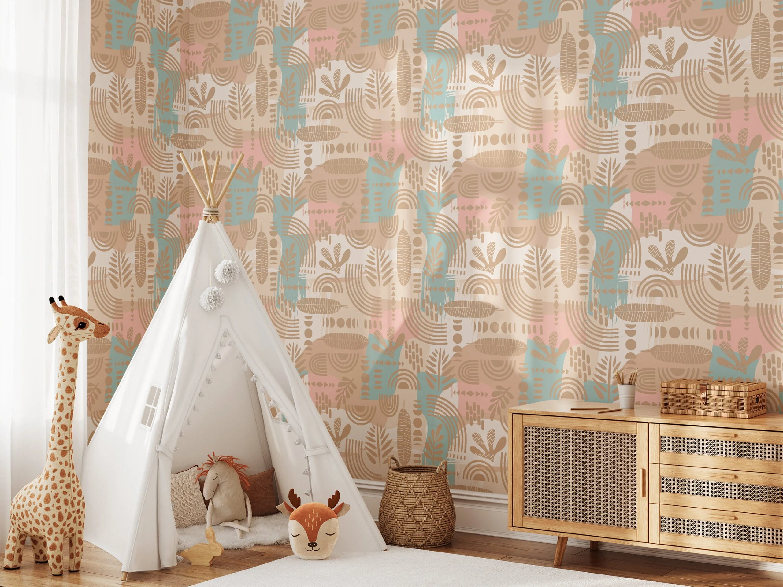 Pastel Boho Illustration Wallpaper, Soft Hued Decor Peel & Stick Wall Mural