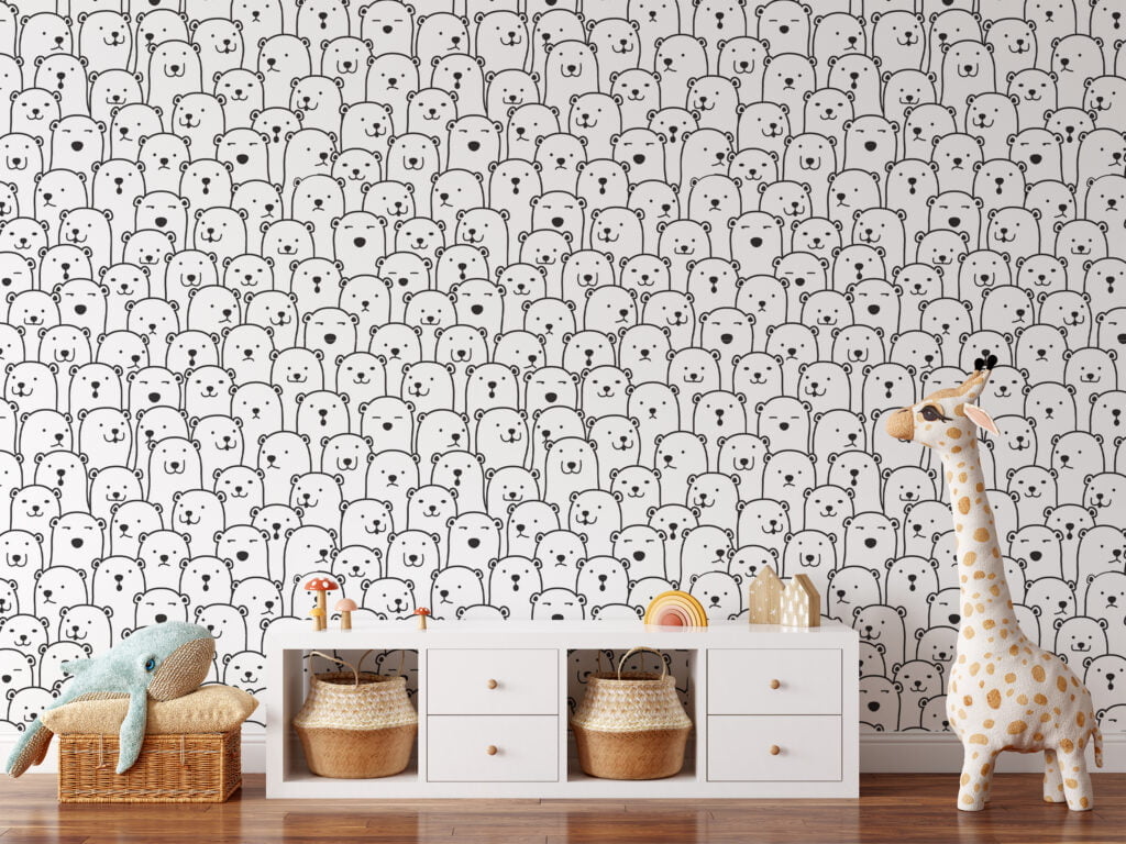 Cute Crowded Bears Line Art Pattern Wallpaper, Adorable Nursery Sketch Peel & Stick Wall Mural