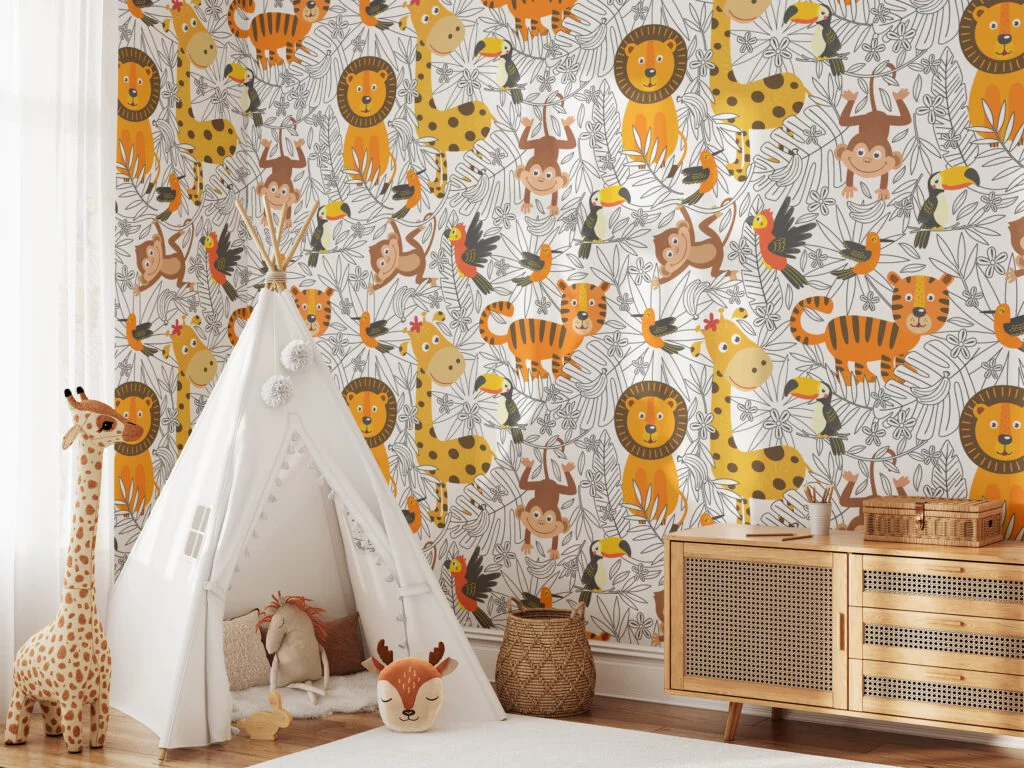 Cartoon Kids Tropical Illustration With Animals Wallpaper, Jungle Safari Kids Peel & Stick Wall Mural