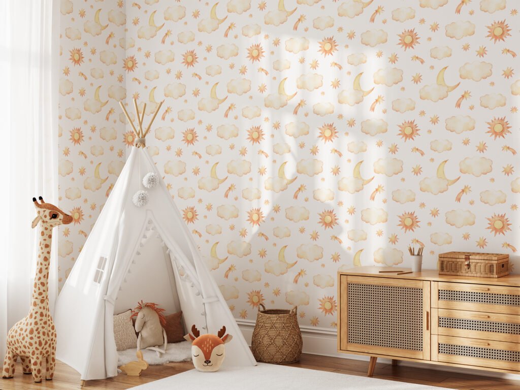 Watercolor Nursery Clouds Moon With Stars Pattern Illustration Wallpaper, Sunny Day & Starry Night Peel & Stick Wall Mural