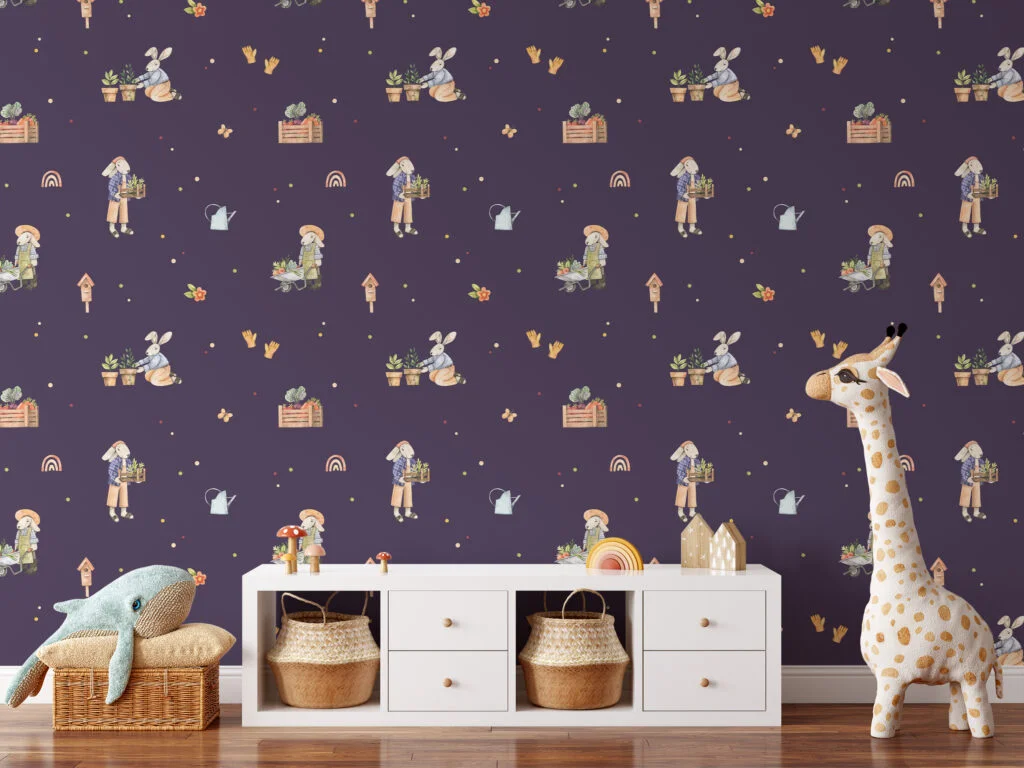 Farmer Rabbits With Dark Purple Background Illustration Wallpaper, Enchanted Garden Friends Peel & Stick Wall Mural