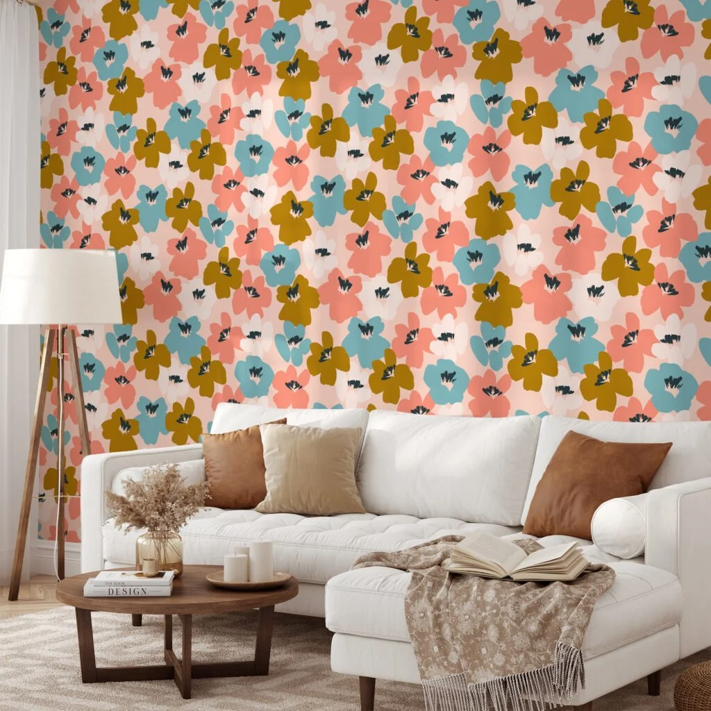 Abstract Peachy Pink Flat Art Flowers Illustration Wallpaper, Modern Autumn Floral Peel & Stick Wall Mural