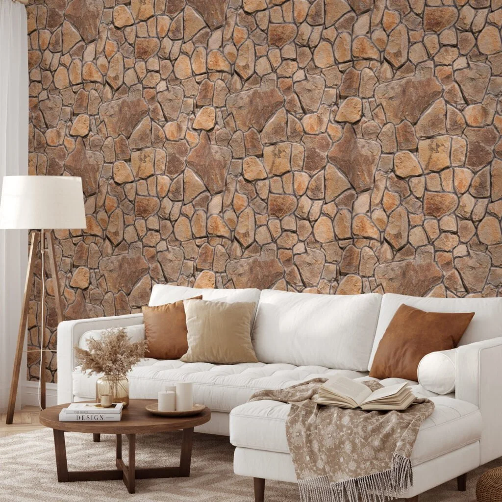 Earthy Cracked Stone Wall Wallpaper, Classic Cobblestone Texture Peel & Stick Wall Mural