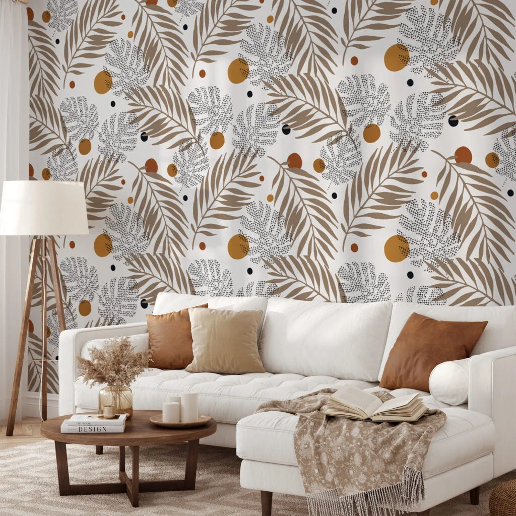 Abstract Earthy Tones Leaves Illustration Wallpaper, Modern Botanical Peel & Stick Wall Mural