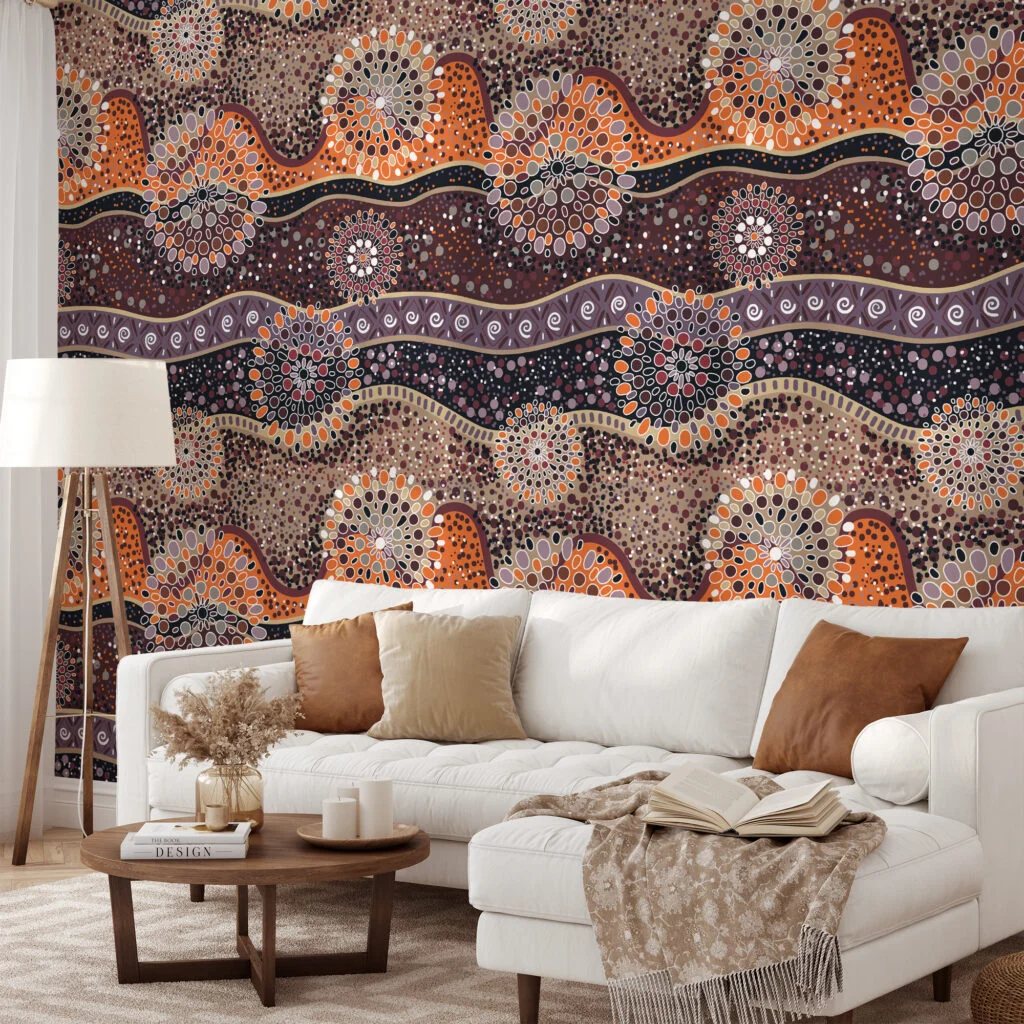 Oriental Cells Pattern Illustration Wallpaper, Earthy Tones Dot Art Peel & Stick Wall Mural