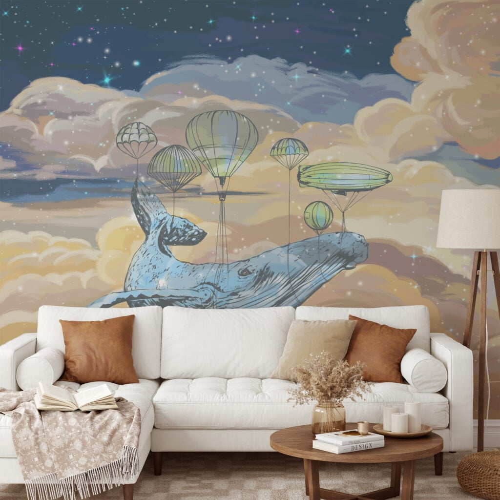 Large Mystical Whale In The Clouds With Hot Air Balloons Illustration Wallpaper, Dreamy Starry Kids Peel & Stick Wall Mural
