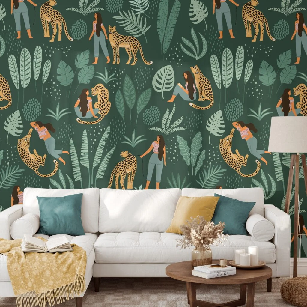 Green Leaves With Leopards And Girl Illustration Wallpaper, Wild Nature-Inspired Decor Peel & Stick Wall Mural