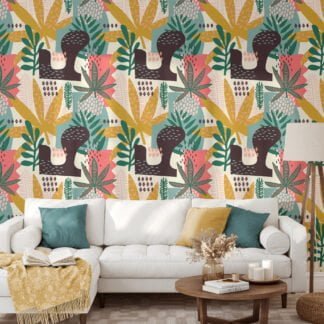 Abstract Tropical Leaves And Shapes Flat Art Design Wallpaper, Jungle Motif Design Peel & Stick Wall Mural