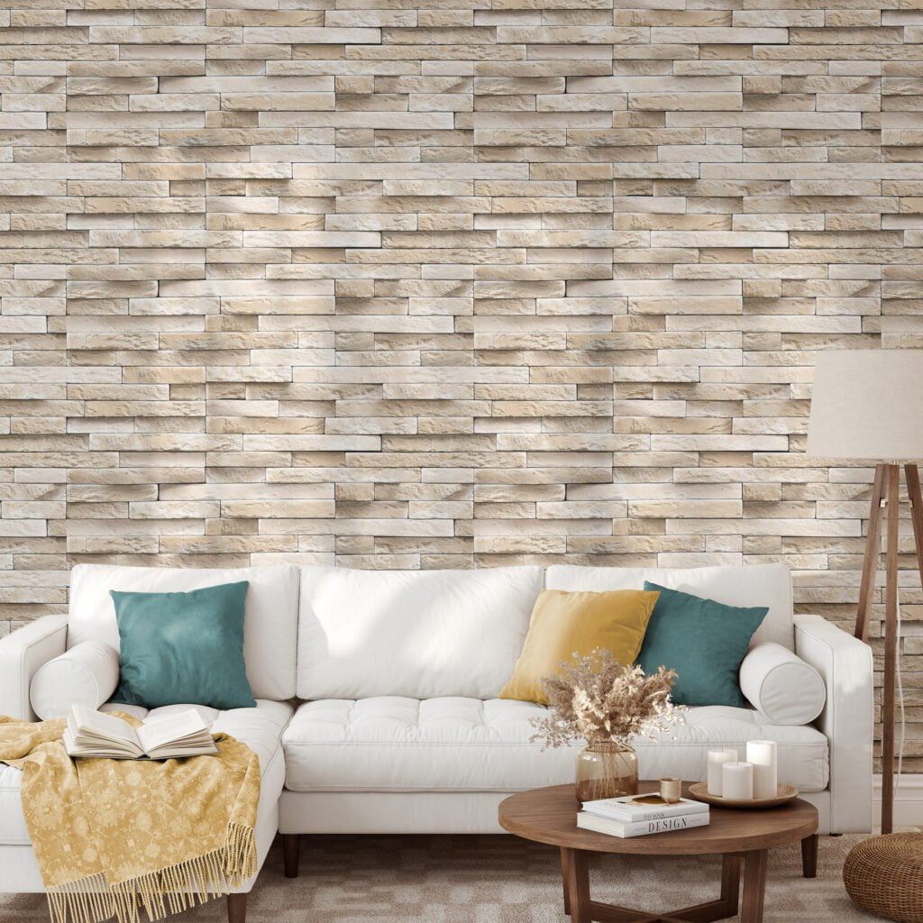 Beige Stone Brick Wall Wallpaper, Classic Limestone Brick Faux Peel & Stick Wall Mural