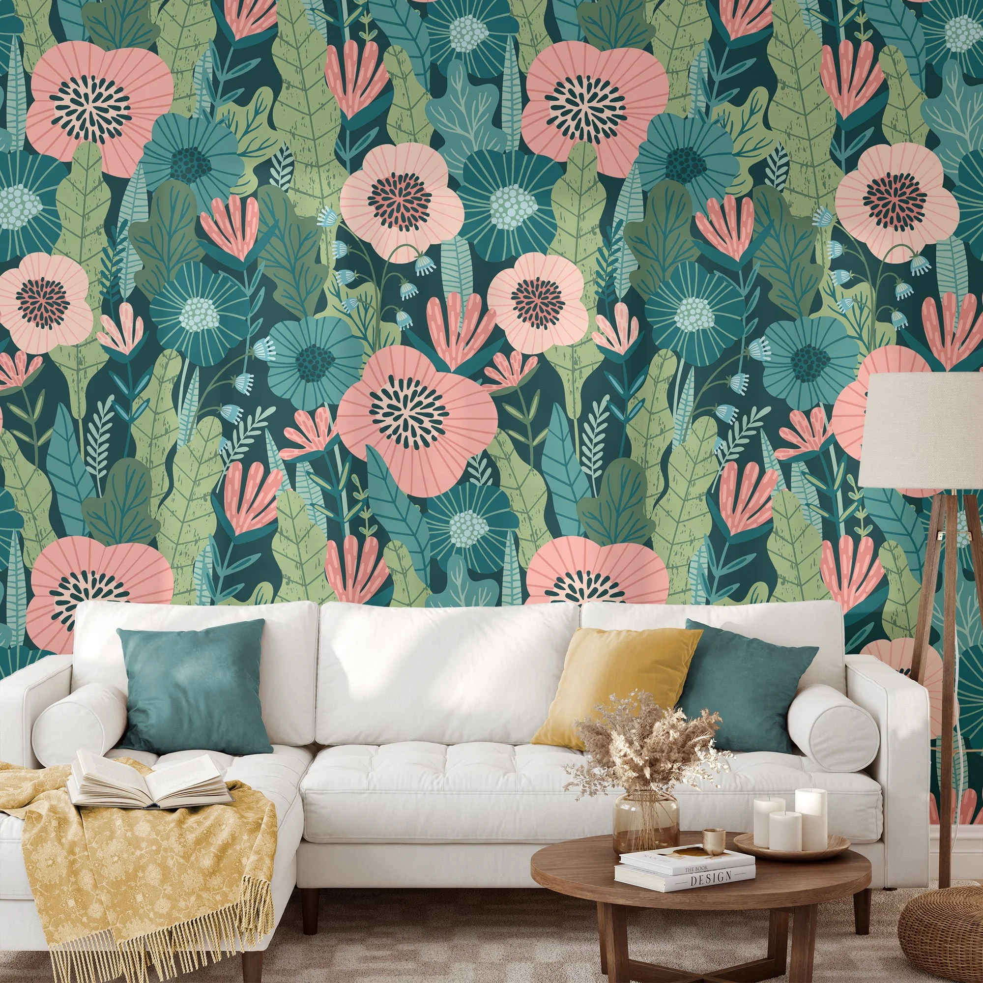 Flat Art Green Leaves With Peach Flowers Wallpaper, Tropical Bloom Greenery Peel & Stick Wall Mural