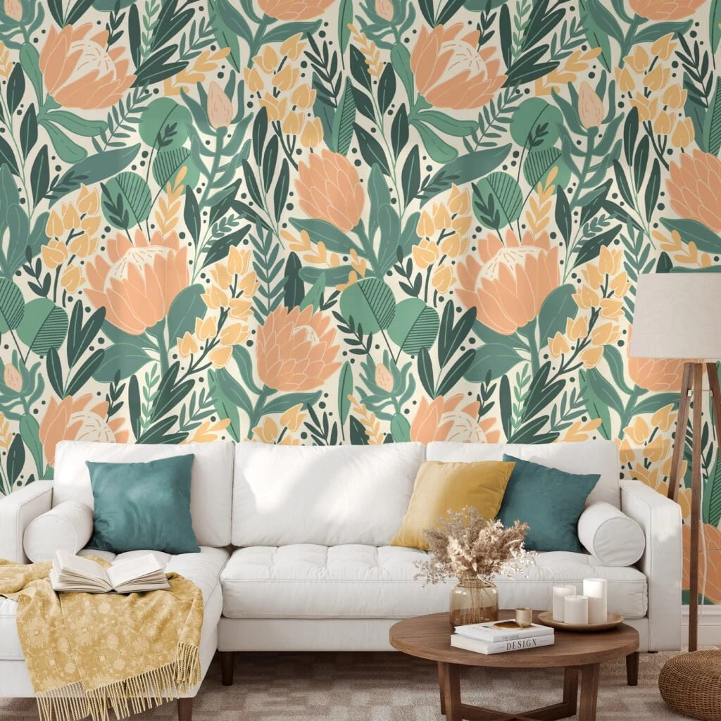 Flat Art Abstract Large Floral Leaves Design Illustration Wallpaper, Fresh Spring Florals Peel & Stick Wall Mural