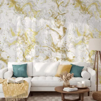 Abstract White And Gold Marble Illustration Wallpaper, Gold Splatter On White Peel & Stick Wall Mural