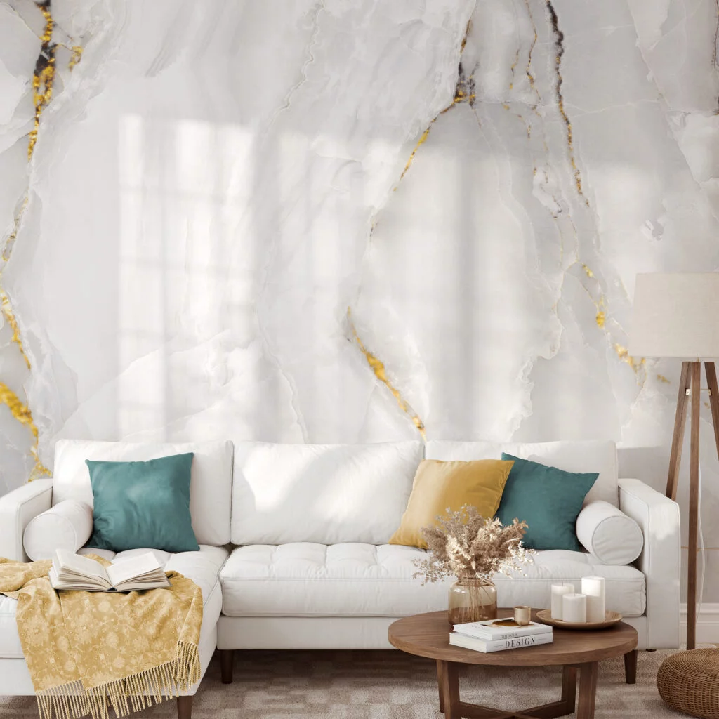 Marble Stone Texture With Golden Highlights Wallpaper, Pristine White Marble Peel & Stick Wall Mural