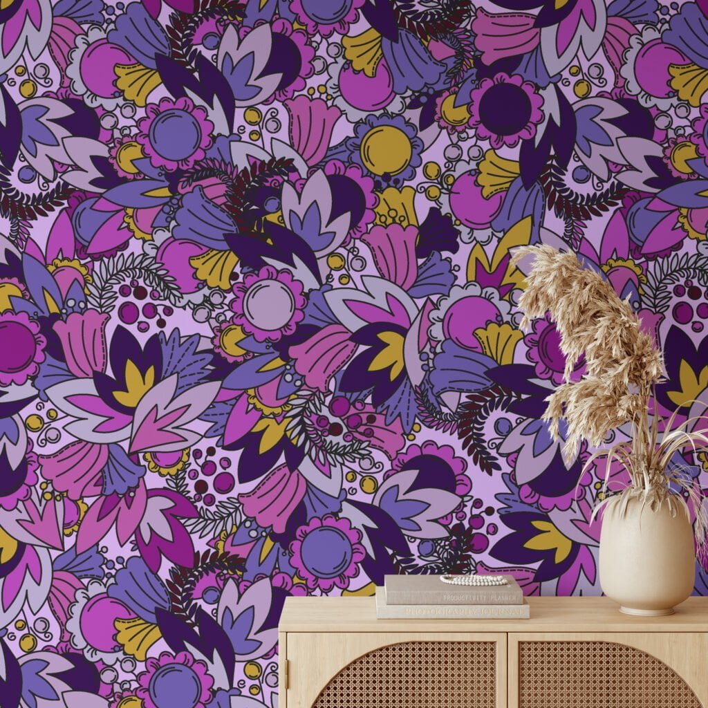 Purple Shades Floral Illustration Wallpaper, Bold and Contemporary Design Peel & Stick Wall Mural