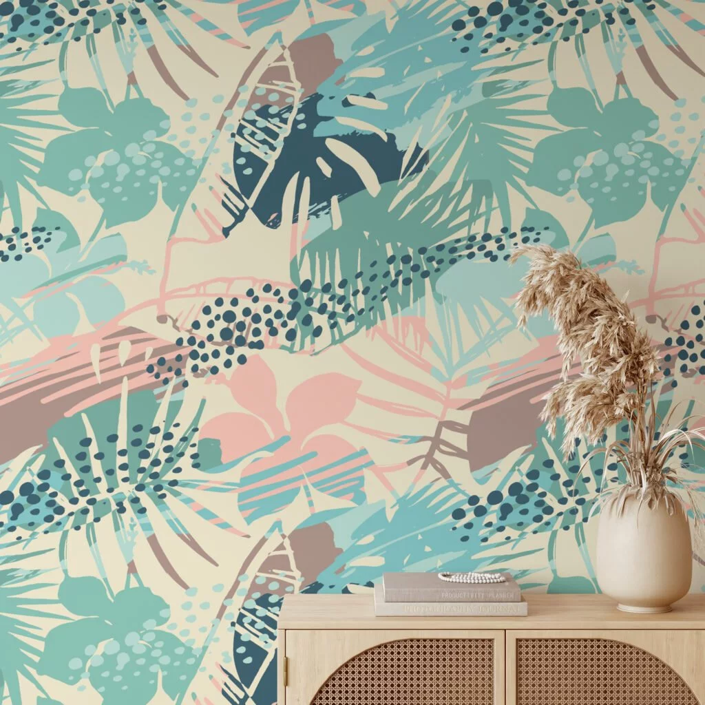 Summer Vibes Retro Colored Tropical Illustration Wallpaper, Soft Pastel Peel & Stick Wall Mural