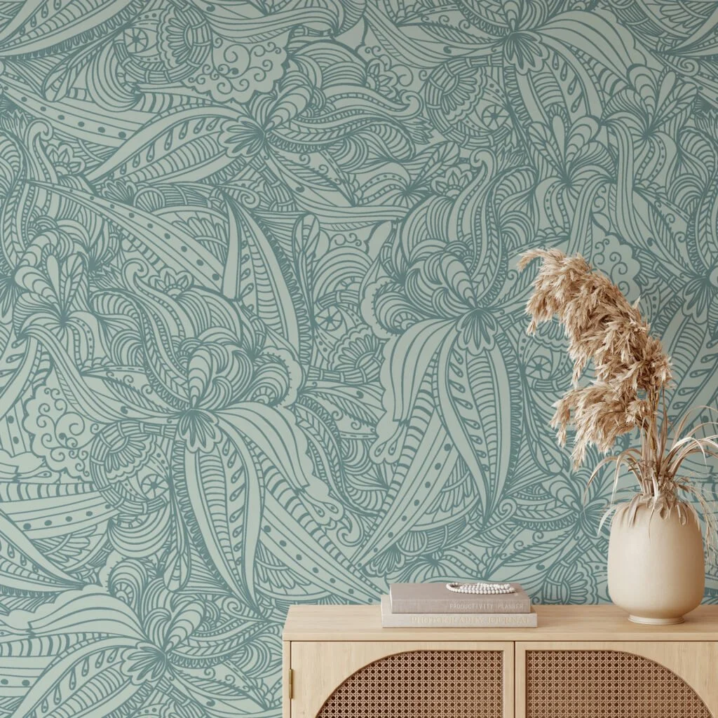 Damask Line Art Wallpaper With Mint Background Wallpaper, Elegant Pastel Peel & Stick Wall Mural