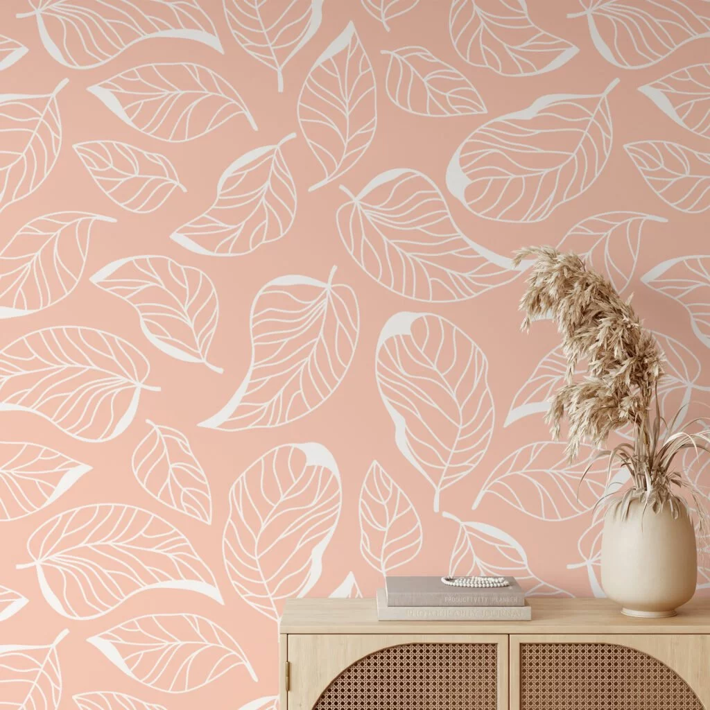 White Leaves Line Art With A Peach Background Illustration Wallpaper, Subtle Elegance Leaf Peel & Stick Wall Mural