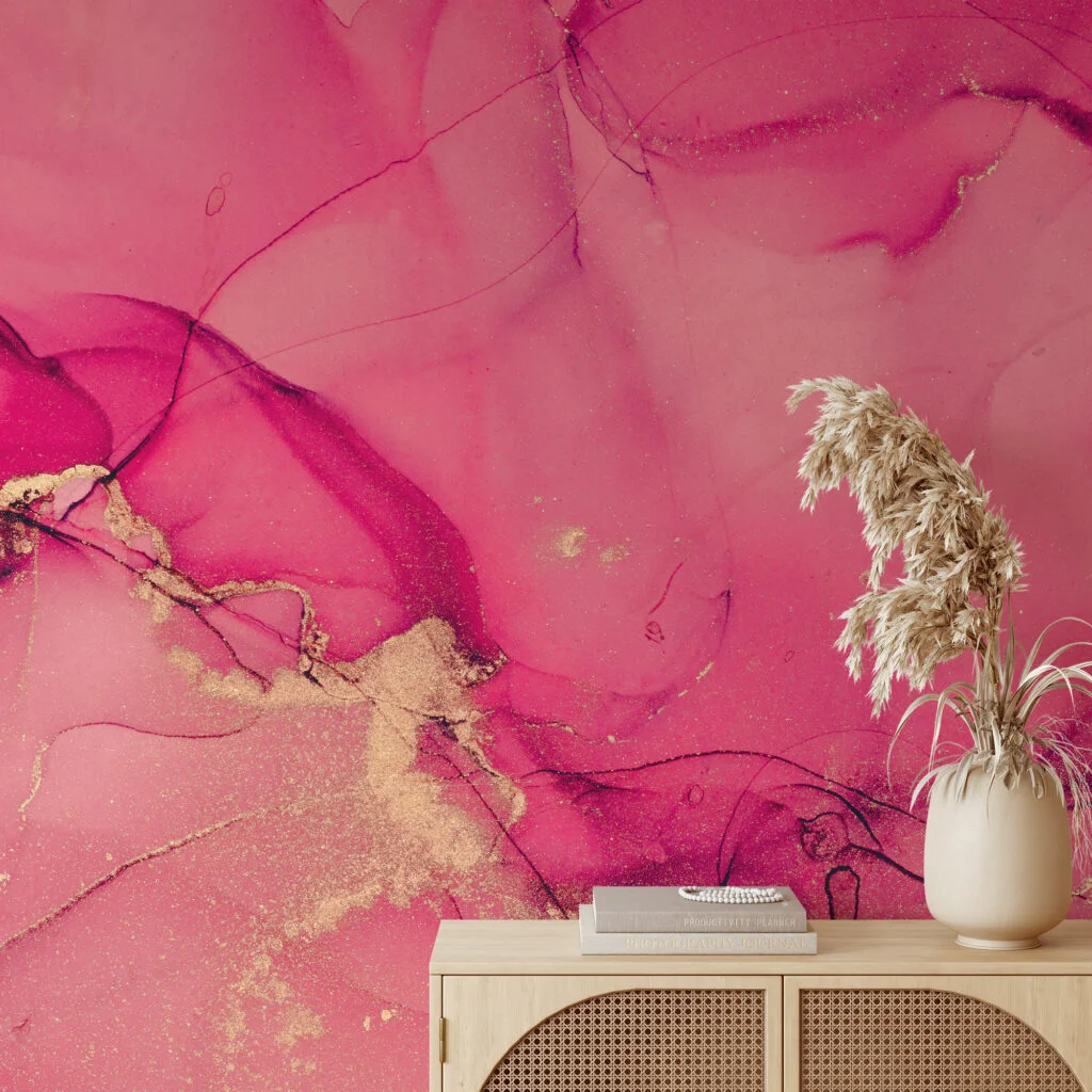 Pink Rose Gold Marble Ink Art Wallpaper, Luxe Pink And Gold Peel & Stick Wall Mural