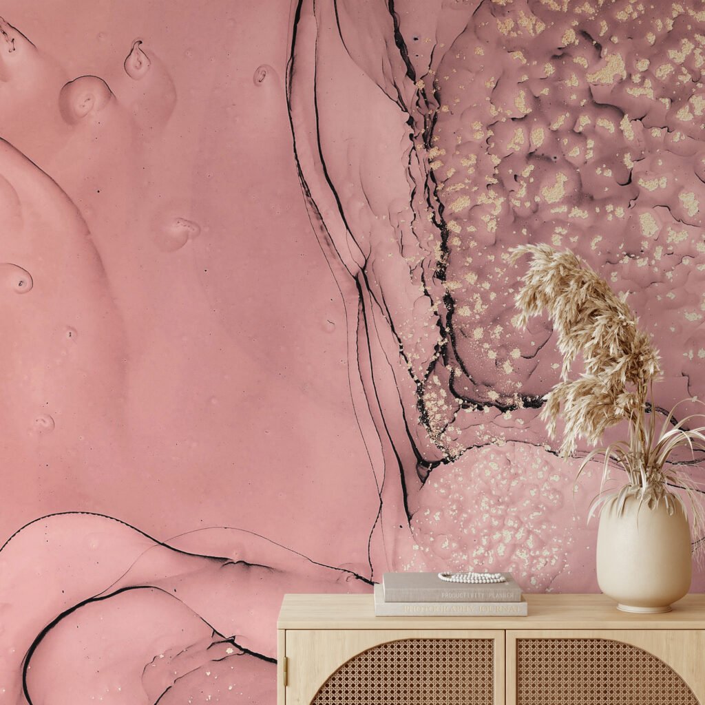 Rose Gold Alcohol Ink Art Wallpaper, Soft Pink Crystal Marble Peel & Stick Wall Mural