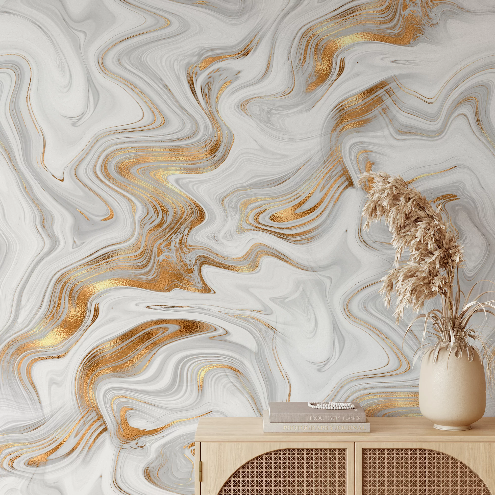 Abstract White And Gold Swirls Wallpaper, Luxe Marble Peel & Stick Wall Mural