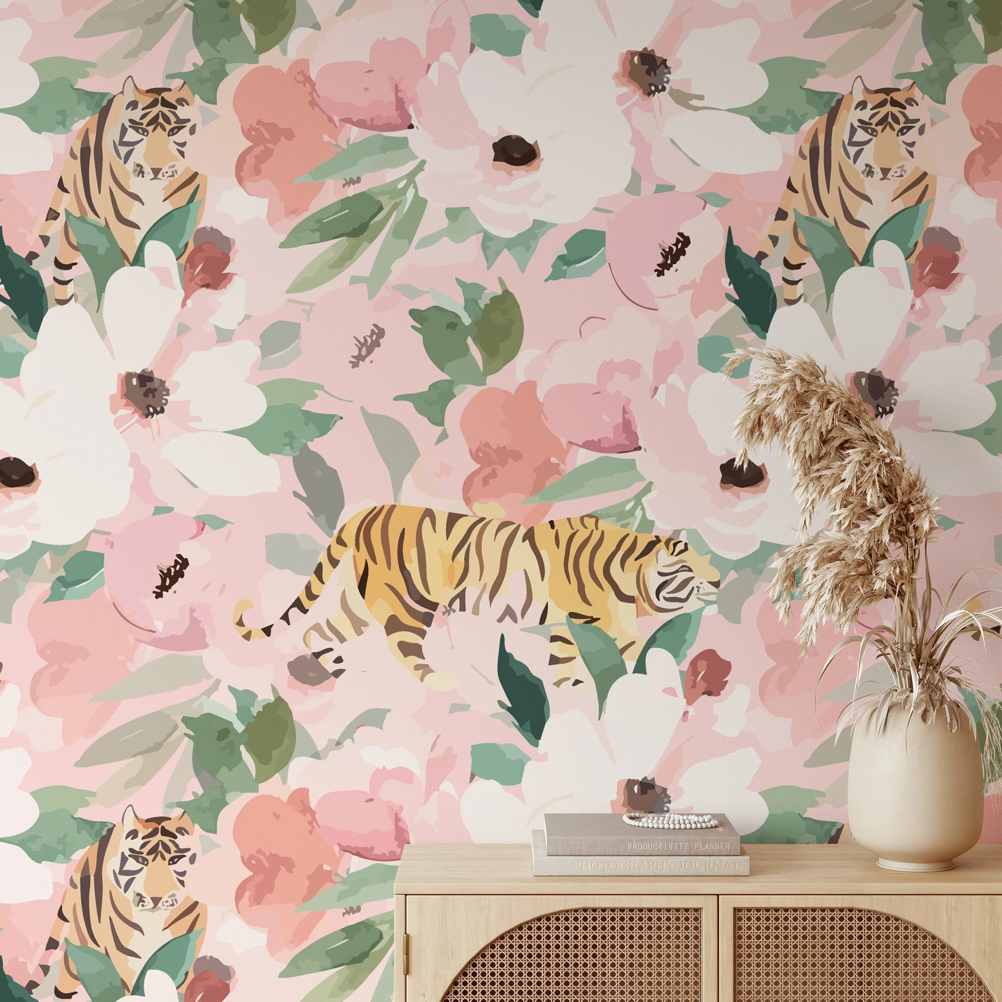 Watercolor Style Flowers With Tigers Wallpaper, Whimsical Pastel Pink Jungle Peel & Stick Wall Mural