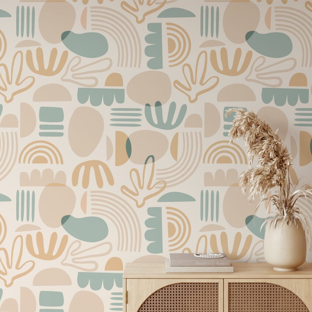 Abstract Boho Line Art Illustration Wallpaper, Modern Organic Shapes Peel & Stick Wall Mural