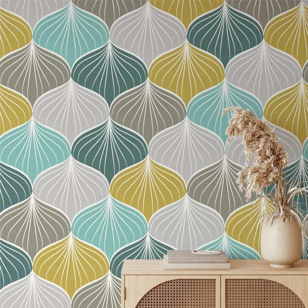 Colorful Abstract Shell Pattern Wallpaper, Modern Geometric Scallop Peel & Stick Wall Mural