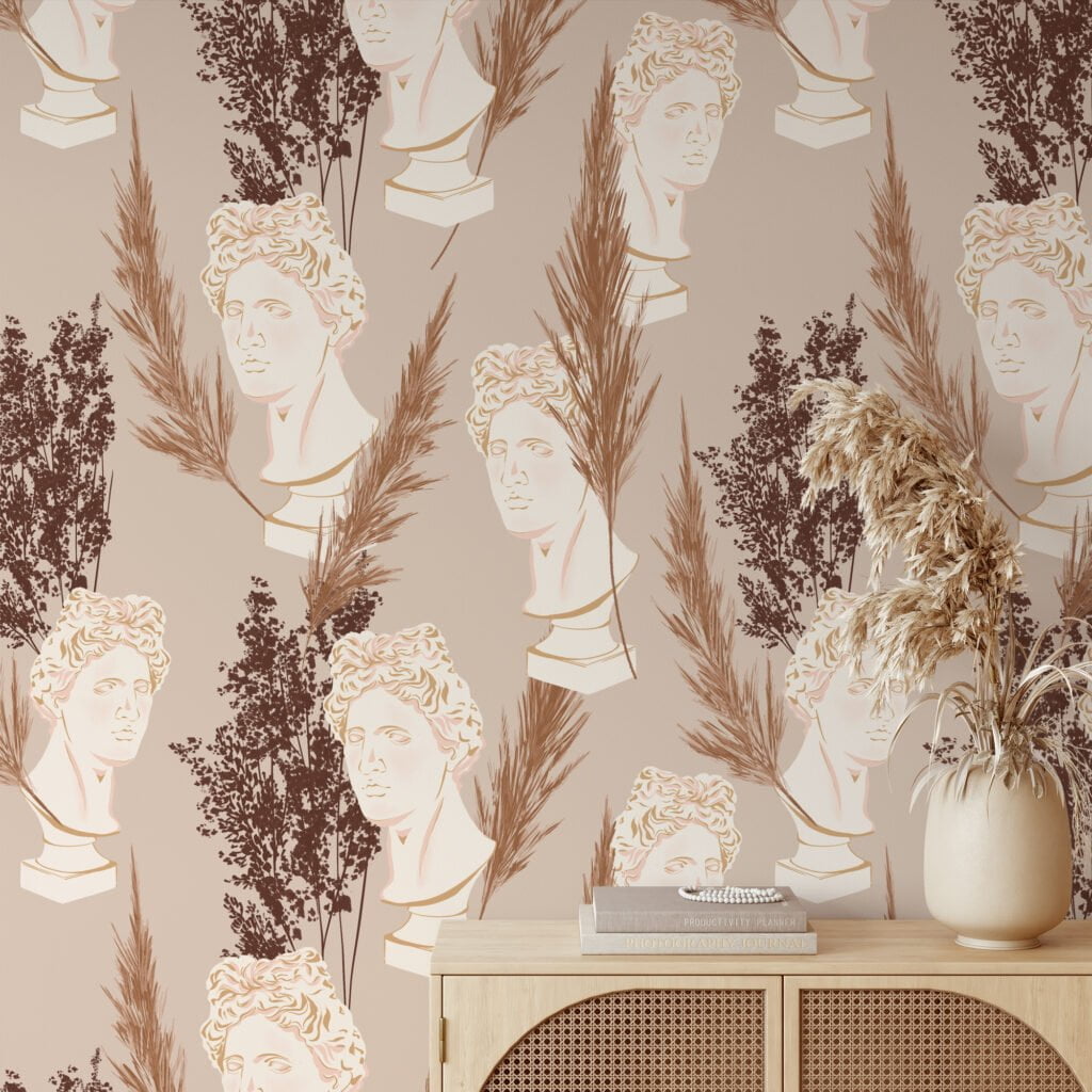 Classic Sculpture Art Deco Pattern Wallpaper, Face Statue And Wheat Plants Peel & Stick Wall Mural